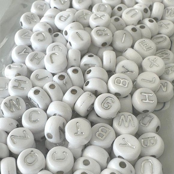 7mm White Acrylic Letter Beads - Silver Letters - Metal Enlaced - Flat Round - Picture 2 of 3